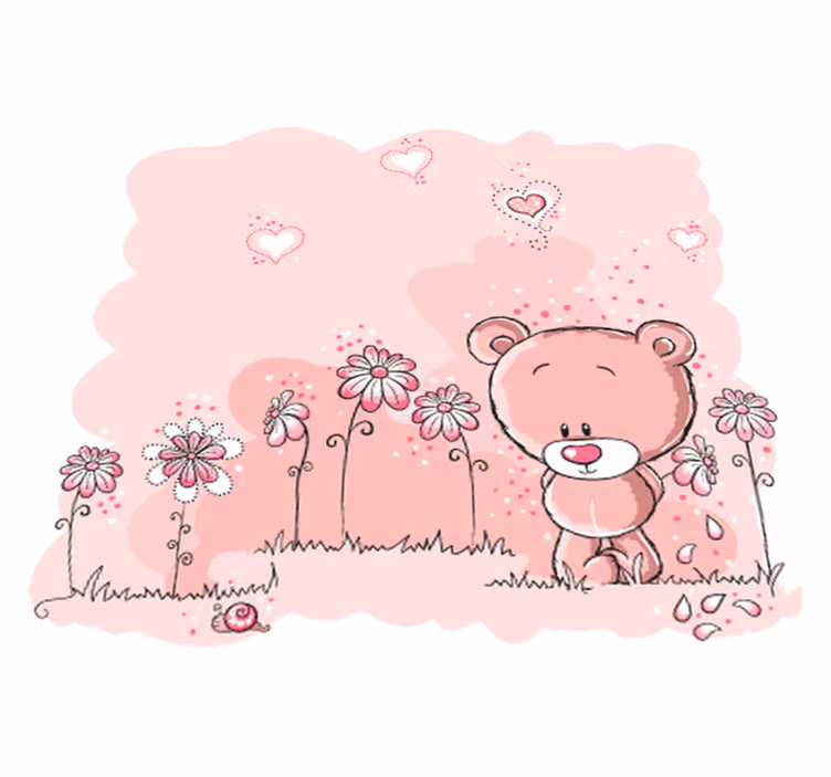 Vinylmatta barn rosa björn och blommor - Tenstickers