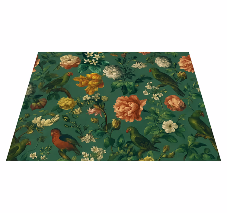 Vinylmatta sovrum mörkgrön blommor och fåglar design - Tenstickers