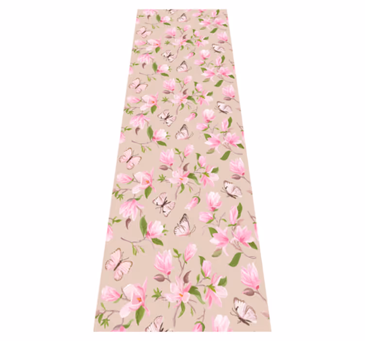 Vinylmatta natur med design av rosa magnolia och fjärilar - Tenstickers
