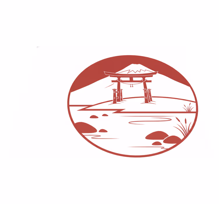 Vinylmatta röd japansk struktur med sjö och berg - Tenstickers