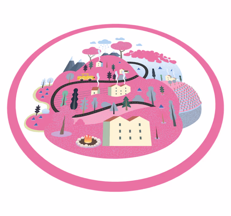 Rosa berg med hus barn vinyl matta - Tenstickers