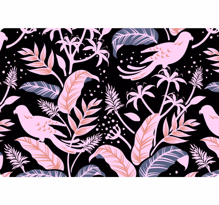 Tapet natur fåglar i svart och rosa på blad - Tenstickers