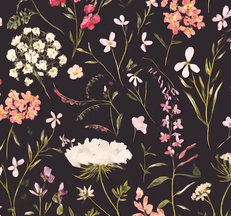 Fondtapet vardagsrum mörka vårblommor - Tenstickers