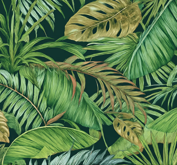 Fondtapet vardagsrum tropiska blad i djungeln - Tenstickers