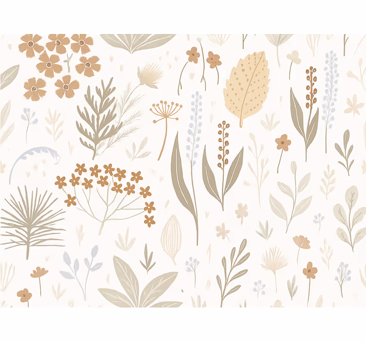 Tapet blad i jordtoner med vilda blommor - Tenstickers