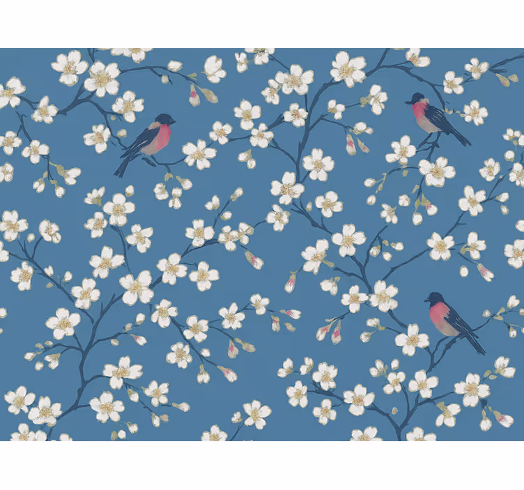 Tapet blommor blå fruktträdgårdsfåglar - Tenstickers