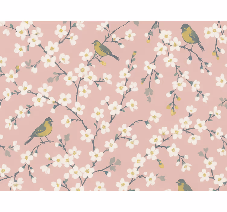 Tapet blommor rosa fruktträd fåglar - Tenstickers