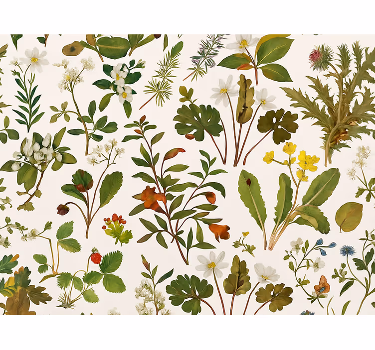 Äktenskap tapet botaniskt mönster med vit bakgrund - Tenstickers