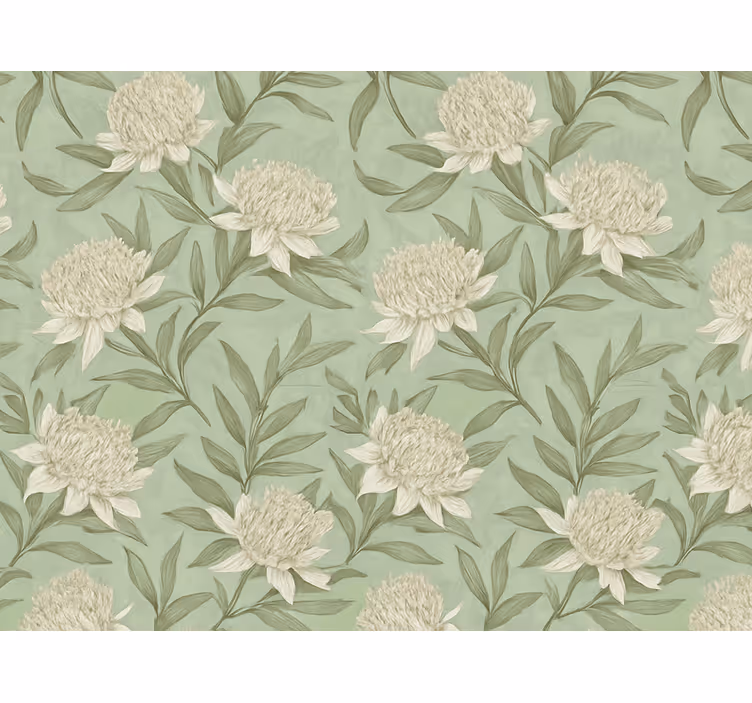 Fondtapet vardagsrum vita protea-blommor - Tenstickers