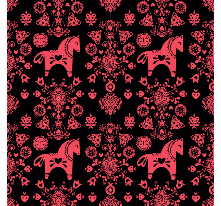Tapet blommig folkloristisk hästillustration - Tenstickers