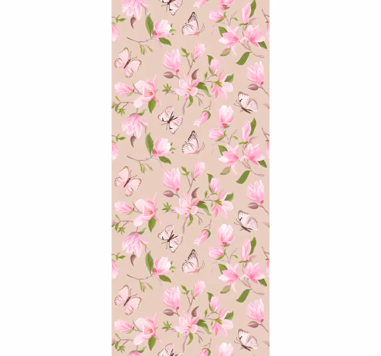 Tapet blommig rosa magnolia och fjärilar - Tenstickers