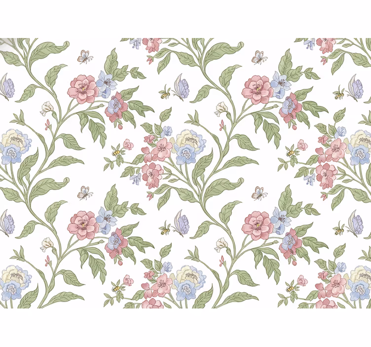 Tapet blommor ljust lantligt hus - Tenstickers