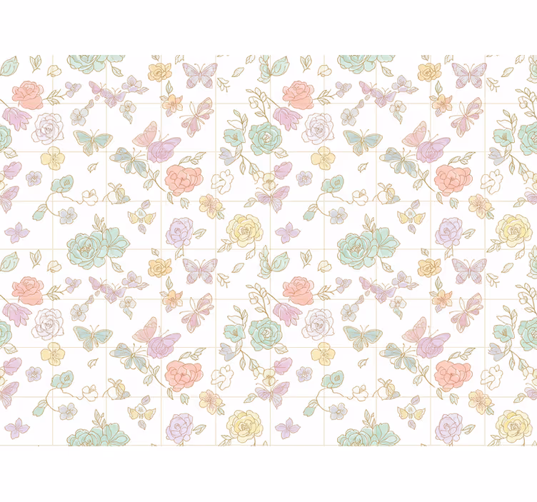 Tapet blommor i mjuka färger fjäril - Tenstickers