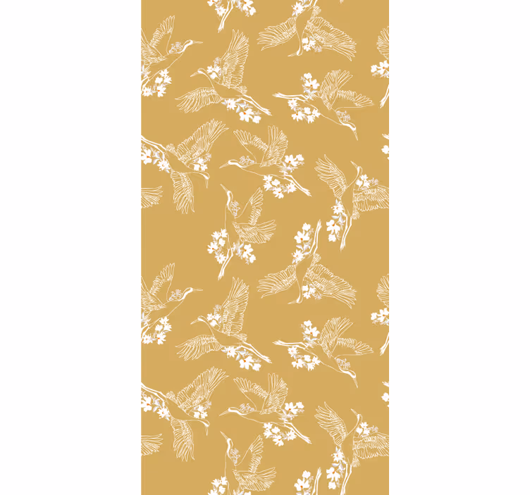 Beige tapet med japanska blommor och fåglar - Tenstickers