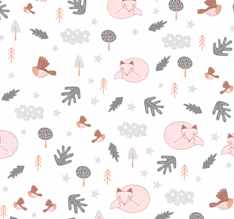 Vit skog tema räv fåglar barn tapet - Tenstickers
