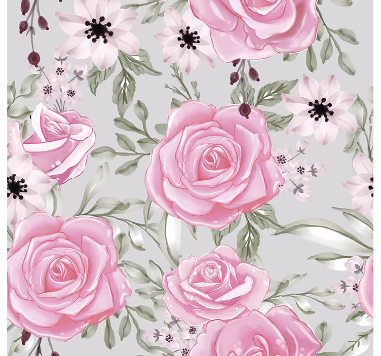 Rosa stora blommor på grå blommatapet - Tenstickers