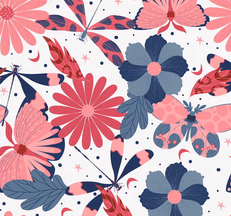 Rosa fjärilsmönster Tapet blommor - Tenstickers