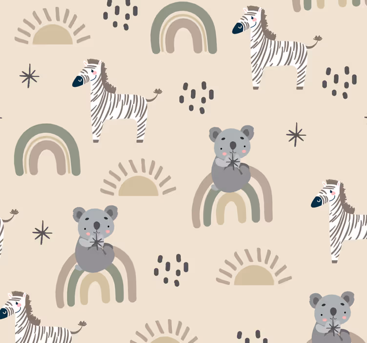 Beige och grått barnmönster tapeter med djur - Tenstickers