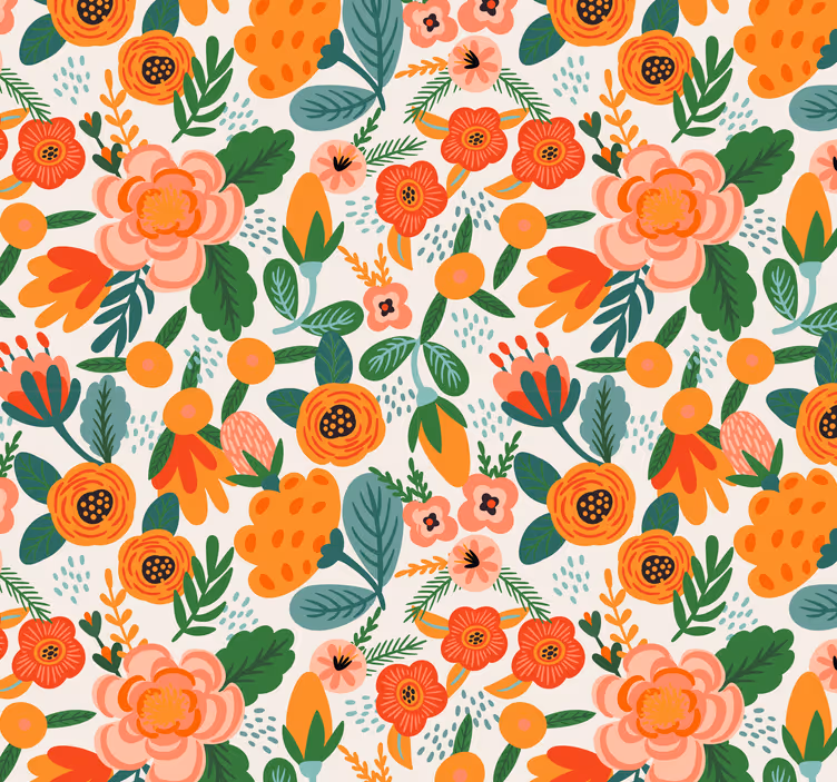 Röd och orange blommig tapet i folkstil - Tenstickers
