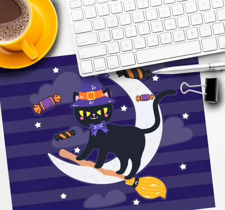 Anime musmatta svart katt på kvast - Tenstickers