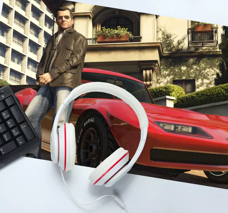 Karaktär bredvid röd bil musmatta gaming - Tenstickers