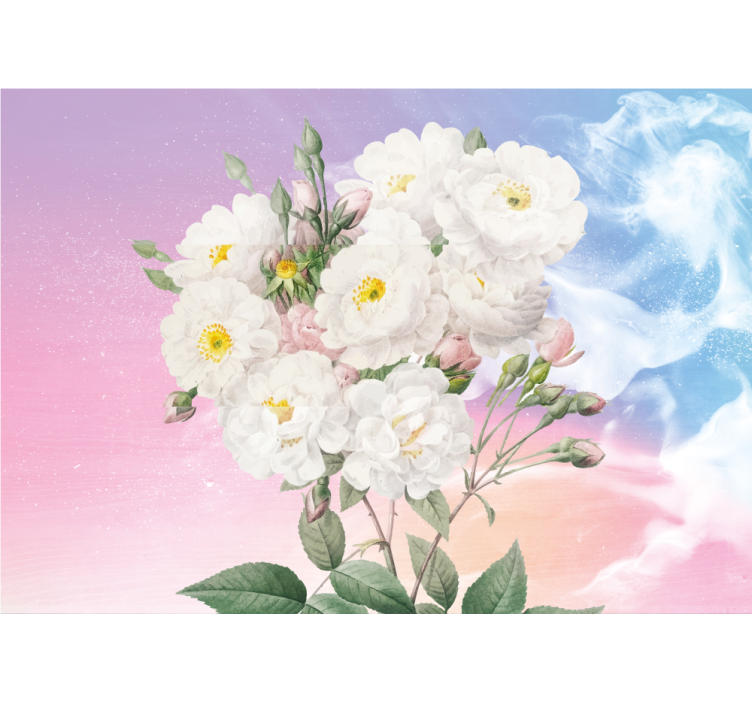 Rullgardin kök vita blommor med blå och orange bakgrund - Tenstickers