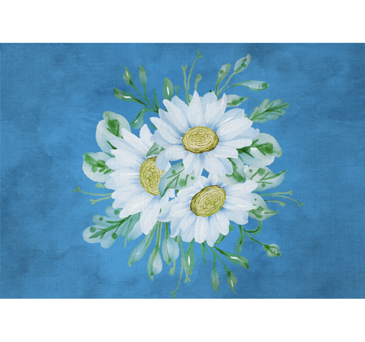 Rullgardin kök vita blommor på blå bakgrund - Tenstickers