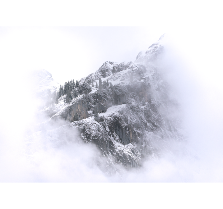 Rullgardin vardagsrum snöig bergslandskap med moln - Tenstickers