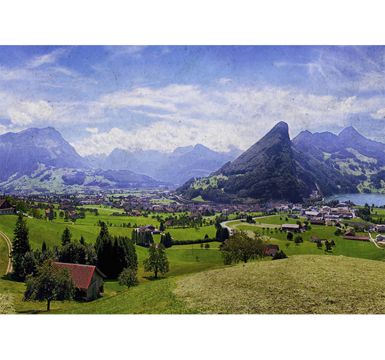 Rullgardin vardagsrum hus på en grön äng med berg - Tenstickers