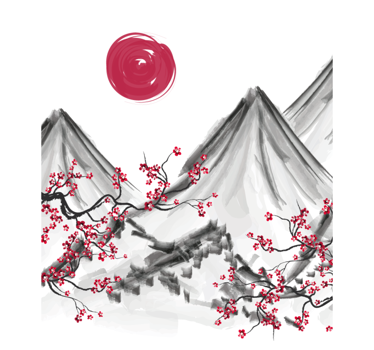 Japansk stil röd solRullgardin målning - Tenstickers