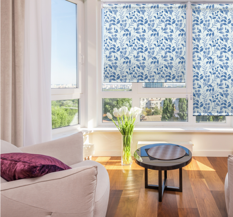 Elegant blått bladmönster Rullgardin blommor och växter - Tenstickers