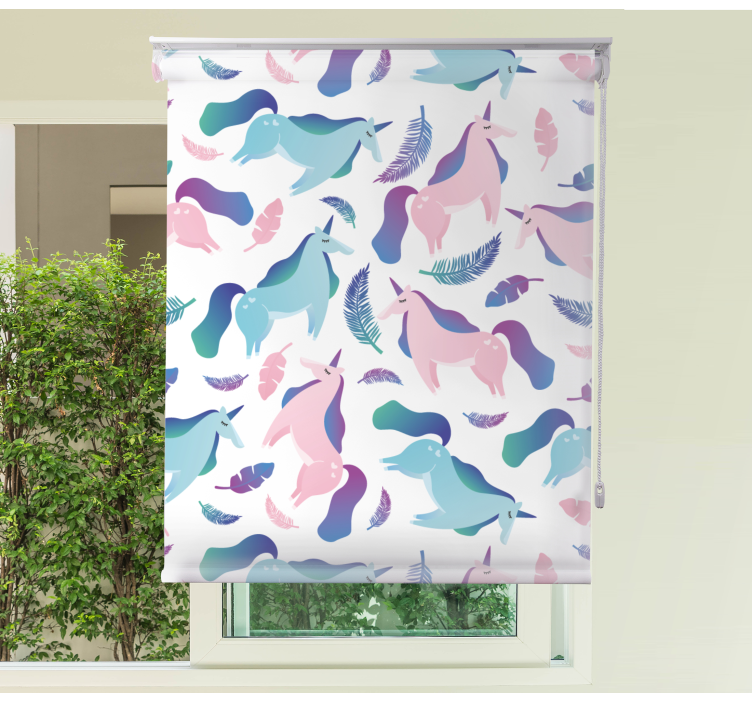 Enhörningar och fjädrar Rrullgardin barn - Tenstickers