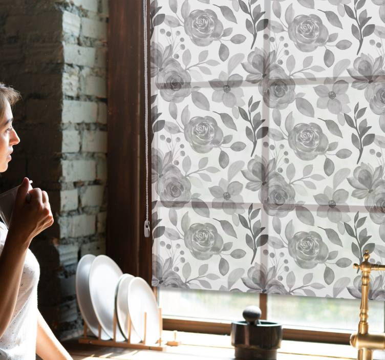 Grå rosor med grå löv blomma rullgardin - Tenstickers