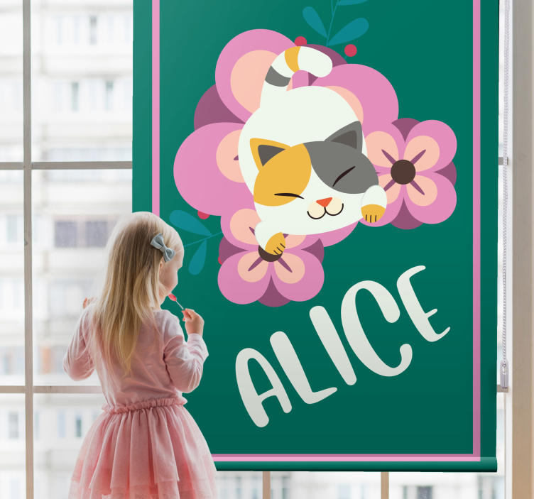 Katt med lila blommor anpassad fönsterskugga - Tenstickers