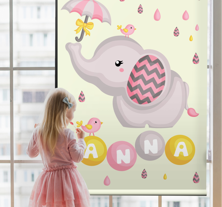 Baby elefant med namn och paraply Rrullgardin barn - Tenstickers
