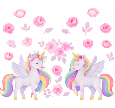 Rosa enhörning och blommor Rrullgardin barn - Tenstickers