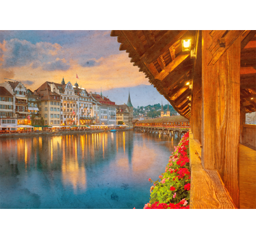 Rullgardin vardagsrum gamla byggnader vid sjön schweiz - Tenstickers