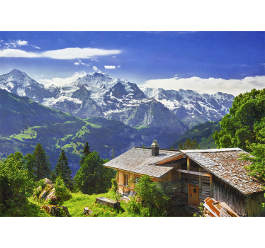 Rullgardin vardagsrum grindelwald snöberg och grön äng - Tenstickers