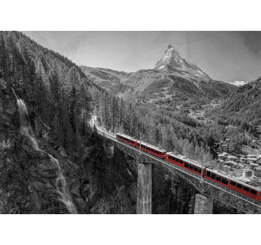 Rullgardin vardagsrum röd tåg på bro med matterhorn - Tenstickers