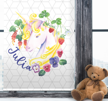 Blommig enhörning med namn Rrullgardin barn - Tenstickers
