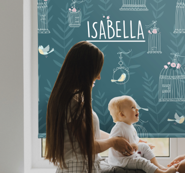 Blå fågelburar med namn Rrullgardin barn - Tenstickers