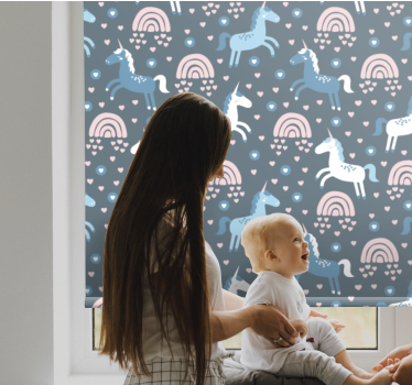 Rullgardin barn blå enhörningar och regnbågar - Tenstickers