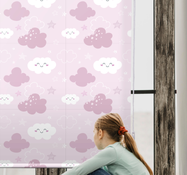 Rosa bakgrund med vit glad moln rullgardin - Tenstickers