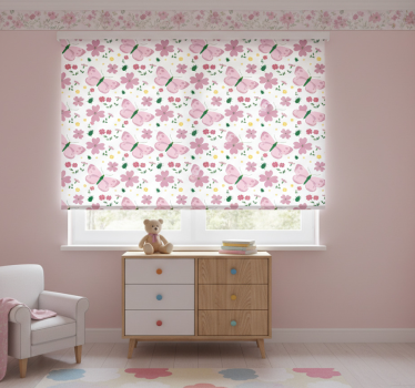 Rrullgardin barn med mönster av rosa blommor och fjärilar - Tenstickers