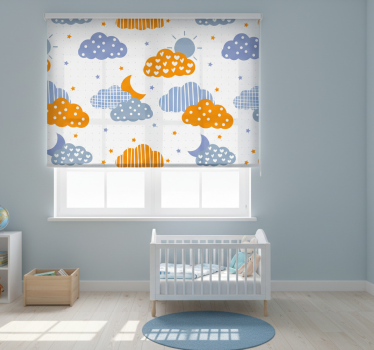 Rullgardin barn blåa och orangea moln och sol - Tenstickers