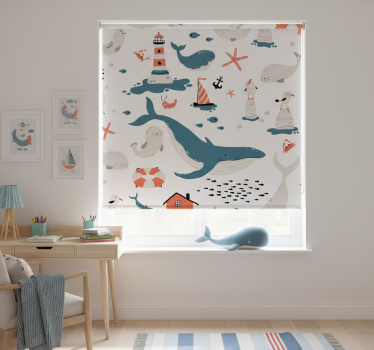 Rullgardin barn med tema havvalar - Tenstickers