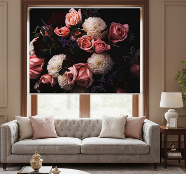 Rullgardin vardagsrum lyxig bukett rosa rosor - Tenstickers