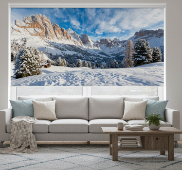 Rullgardin vardagsrum snöig bergslandskap fototapet - Tenstickers