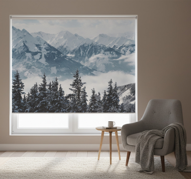 Rullgardin vardagsrum snöiga berg och träd - Tenstickers