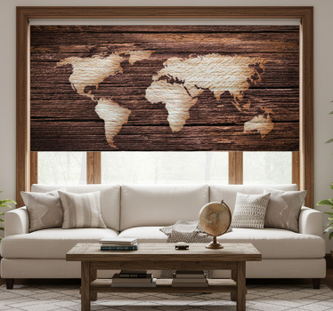 Rullgardin vardagsrum träbrun världskarta - Tenstickers